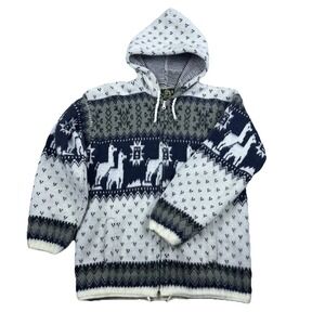 Vintage RS Llama Sweater Hoodie Unisex Small White Black Gray Knit Full Zip Boho